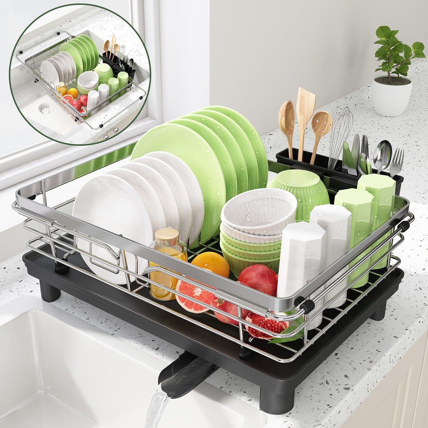 Dish Drying Rack for Kitchen Counter and Sink Stainless Steel Dish Drainer with Drain Board Cutlery Holder 11.0" W x 14.1"-21.2" L Silver